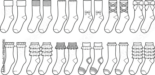 Hand drawn women socks collection, cute fashion hosiery designs, ruffle lace bow patterns, vector line art illustration, feminine apparel elements, isolated white background