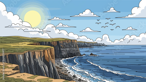 Dramatic coastal cliffs vector landscape wallpaper overlooking ocean and rocky shore, wide flat illustration perfect for travel wallpapers, seaside backgrounds, and modern nature designs