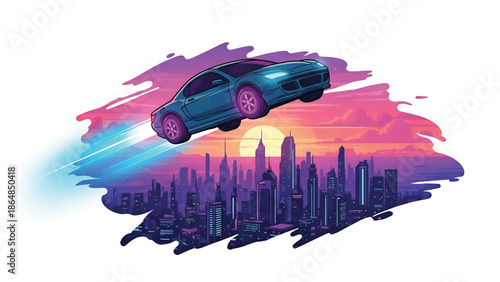 A vibrant illustration depicts a futuristic, stylized cityscape bathed in sunset hues, with a sleek car flying above it