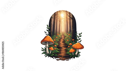 A vibrant illustration depicts a forest scene framed by an arched portal. The artwork features a trail and colorful mushrooms