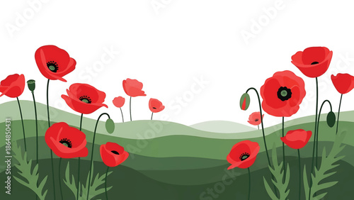 A vibrant illustration depicts a field of red flowers blossoming. Green, rolling hills form the backdrop against a white sky