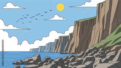 Dramatic coastal cliffs vector landscape wallpaper overlooking ocean and rocky shore, wide flat illustration perfect for travel wallpapers, seaside backgrounds, and modern nature designs