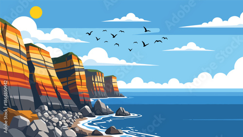Dramatic coastal cliffs vector landscape wallpaper overlooking ocean and rocky shore, wide flat illustration perfect for travel wallpapers, seaside backgrounds, and modern nature designs