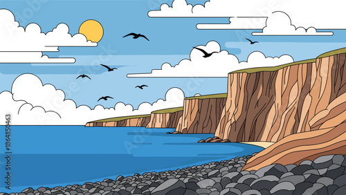 Dramatic coastal cliffs vector landscape wallpaper overlooking ocean and rocky shore, wide flat illustration perfect for travel wallpapers, seaside backgrounds, and modern nature designs