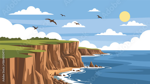 Dramatic coastal cliffs vector landscape wallpaper overlooking ocean and rocky shore, wide flat illustration perfect for travel wallpapers, seaside backgrounds, and modern nature designs