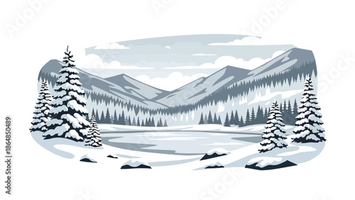 Winter mountain vector landscape wallpaper featuring snow-covered trees, frozen lake, and pale sky, minimal flat illustration ideal for seasonal wallpapers and cold climate backgrounds