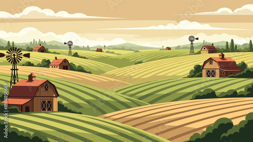 Agricultural vector landscape wallpaper with rolling farmland, barns, windmills, and sky, modern flat illustration ideal for rural wallpapers, agriculture themes, and calm backgrounds
