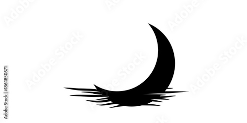 Crescent moon reflected on water surface, black and white, simple, tranquil. Crescent icon.