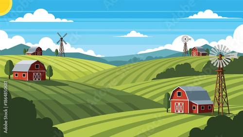 Agricultural vector landscape wallpaper with rolling farmland, barns, windmills, and sky, modern flat illustration ideal for rural wallpapers, agriculture themes, and calm backgrounds