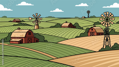 Agricultural vector landscape wallpaper with rolling farmland, barns, windmills, and sky, modern flat illustration ideal for rural wallpapers, agriculture themes, and calm backgrounds