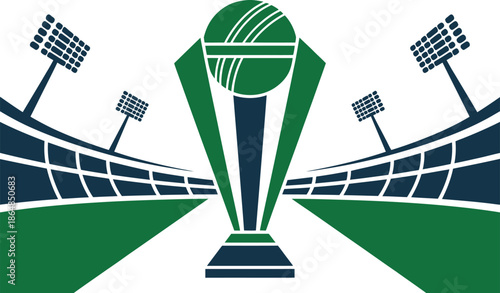Cricket trophy and stadium with floodlights Vector illustration