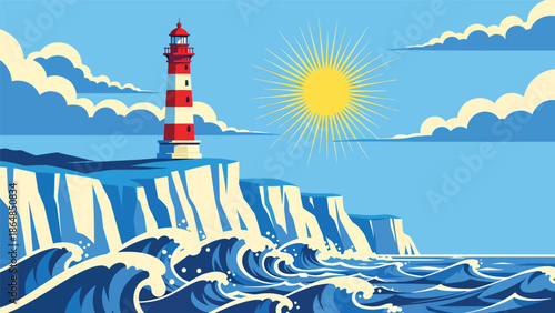 Island coastline vector landscape wallpaper with lighthouse, cliffs, ocean waves, and clouds, modern flat illustration ideal for nautical wallpapers and travel backgrounds