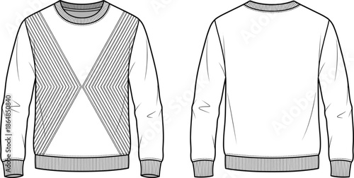 Modern crewneck sweatshirt technical flat sketch, front and back view, geometric panel design, apparel fashion illustration, casual knitwear mockup, clothing template vector