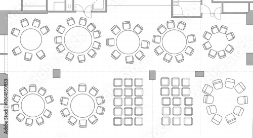 Overhead blueprint displays various configurations of seating arrangements for a large event space