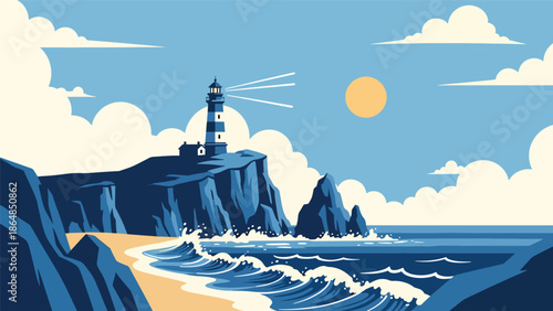 Island coastline vector landscape wallpaper with lighthouse, cliffs, ocean waves, and clouds, modern flat illustration ideal for nautical wallpapers and travel backgrounds