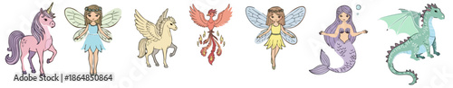 Mythical Creatures Vector Set with Unicorn Fairy Phoenix and Dragon
