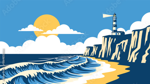 Island coastline vector landscape wallpaper with lighthouse, cliffs, ocean waves, and clouds, modern flat illustration ideal for nautical wallpapers and travel backgrounds