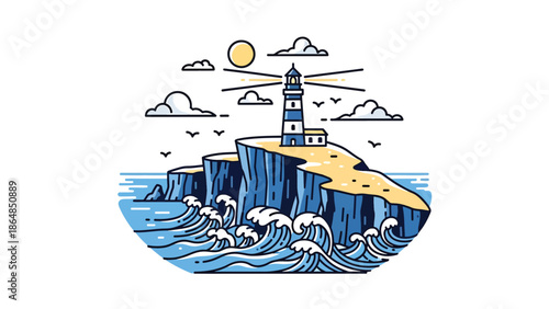 Island coastline vector landscape wallpaper with lighthouse, cliffs, ocean waves, and clouds, modern flat illustration ideal for nautical wallpapers and travel backgrounds