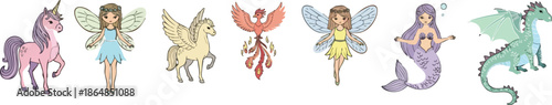 Mythical Creatures Vector Set with Unicorn Fairy Phoenix and Dragon