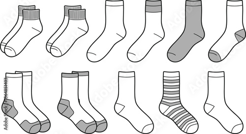 Set of different sock styles vector illustrations, ankle crew sport cotton socks design collection isolated on white background, fashion apparel footwear icon bundle template