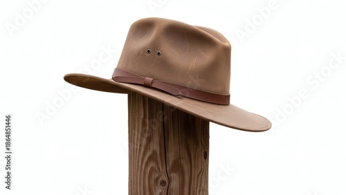 A weathered tan fedora hat displayed on a wooden post stand
