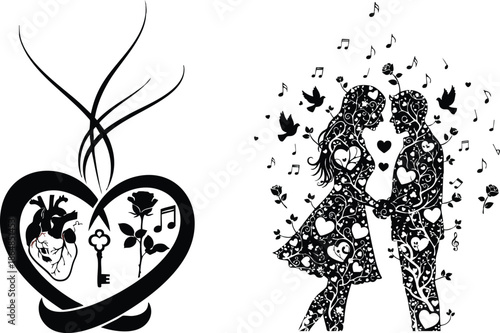 Romantic Floral Couple Silhouette with Heart Anatomy and Rose Vector