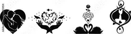 Romantic Silhouette Set with Musical Heart Swans and Kissing Couple