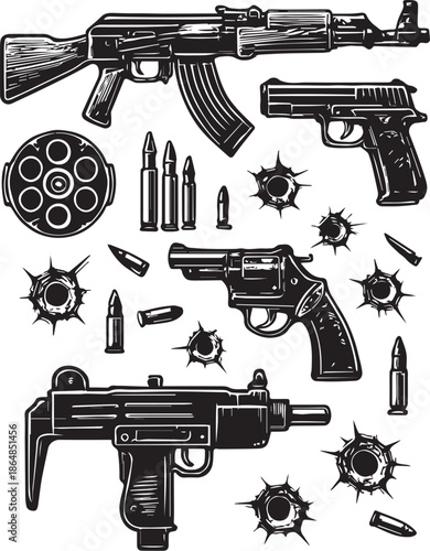 Assorted Firearms Illustration with Bullets and TargetsPrint