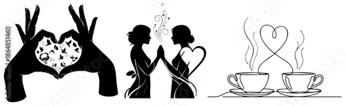 Romantic Silhouette Set with Heart Hands and Coffee Cups Vector