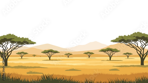 Wide savanna vector landscape wallpaper with grasslands, acacia trees, and distant mountains, flat illustration ideal for wildlife-inspired backgrounds and travel wallpapers