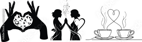 Romantic Silhouette Set with Heart Hands and Coffee Cups Vector