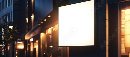 Illuminated blank sign on building facade, awaiting custom branding messages