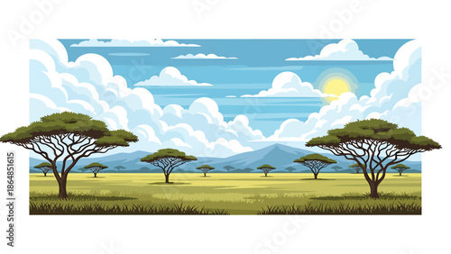Wide savanna vector landscape wallpaper with grasslands, acacia trees, and distant mountains, flat illustration ideal for wildlife-inspired backgrounds and travel wallpapers