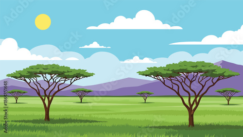 Wide savanna vector landscape wallpaper with grasslands, acacia trees, and distant mountains, flat illustration ideal for wildlife-inspired backgrounds and travel wallpapers