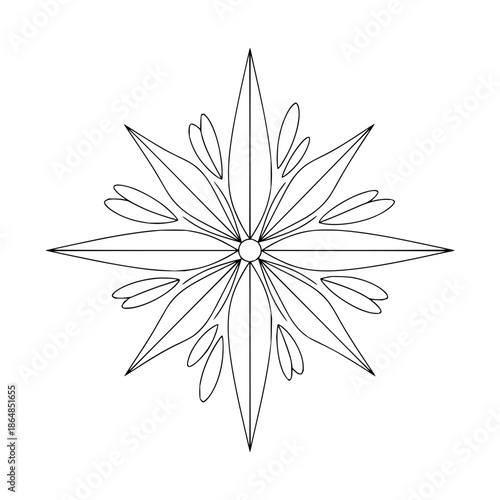 Black and White Topographic Snowflake Design on White Background with isolated and abstract and line art in illustration symmetry for geometric