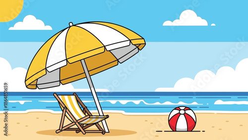 A serene beach scene with a yellow and white striped umbrella and chair, red and white beach ball on sandy shore by calm ocean with sun