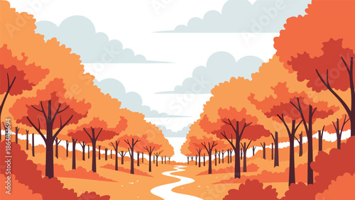 Autumn forest vector landscape wallpaper with orange and red trees, winding path, and cloudy sky, flat illustration ideal for seasonal wallpapers and cozy nature backgrounds
