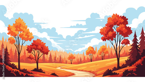Autumn forest vector landscape wallpaper with orange and red trees, winding path, and cloudy sky, flat illustration ideal for seasonal wallpapers and cozy nature backgrounds