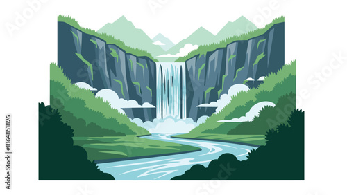 Scenic waterfall vector landscape wallpaper cascading from mountains into river, lush vegetation and open sky, flat illustration perfect for nature wallpapers and calming backgrounds