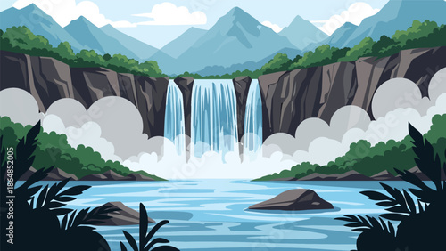Scenic waterfall vector landscape wallpaper cascading from mountains into river, lush vegetation and open sky, flat illustration perfect for nature wallpapers and calming backgrounds