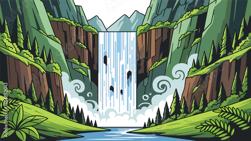 Scenic waterfall vector landscape wallpaper cascading from mountains into river, lush vegetation and open sky, flat illustration perfect for nature wallpapers and calming backgrounds