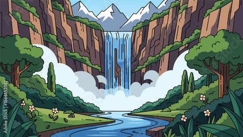 Scenic waterfall vector landscape wallpaper cascading from mountains into river, lush vegetation and open sky, flat illustration perfect for nature wallpapers and calming backgrounds