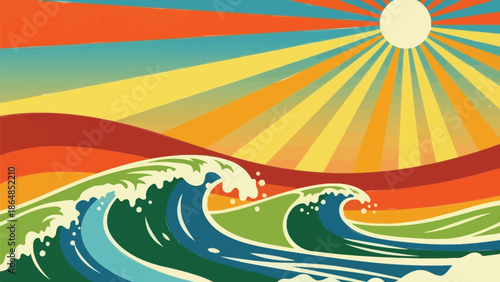 Vibrant colorful ocean waves with white foam cresting under a bright sunny sky with radiant beams of light with beach and sea with water