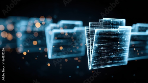 Digital Concept of Data Management with Virtual Folders and Glowing Particles on Black Background for Technology and Information Use