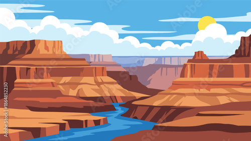 Dramatic canyon vector landscape wallpaper with layered rock formations, river below, and open sky, flat illustration perfect for adventure wallpapers and nature backgrounds