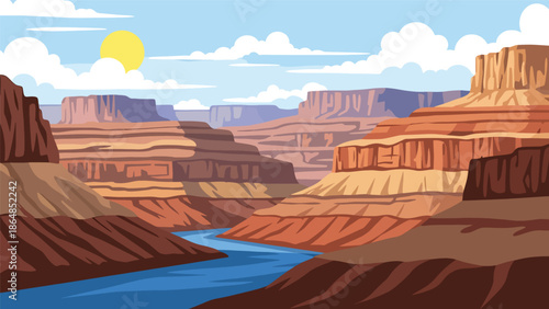 Dramatic canyon vector landscape wallpaper with layered rock formations, river below, and open sky, flat illustration perfect for adventure wallpapers and nature backgrounds