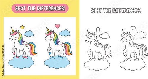 Spot the differences game for kids with cute unicorn on cloud. Educational children puzzle worksheet and coloring page vector illustration.