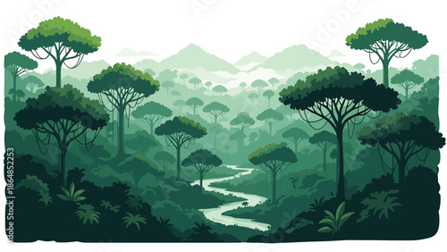 Tropical rainforest vector landscape wallpaper with dense trees, winding river, layered canopy, and distant hills, flat style ideal for lush nature wallpapers and backgrounds