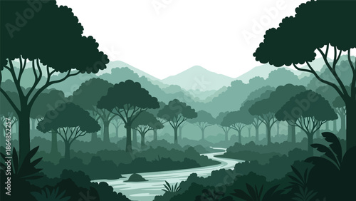 Tropical rainforest vector landscape wallpaper with dense trees, winding river, layered canopy, and distant hills, flat style ideal for lush nature wallpapers and backgrounds