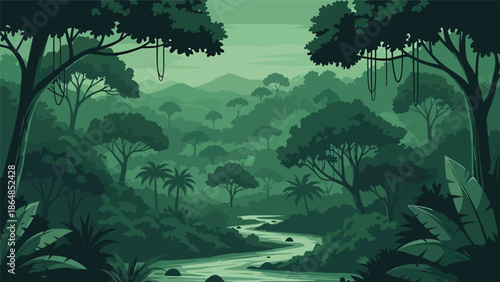 Tropical rainforest vector landscape wallpaper with dense trees, winding river, layered canopy, and distant hills, flat style ideal for lush nature wallpapers and backgrounds